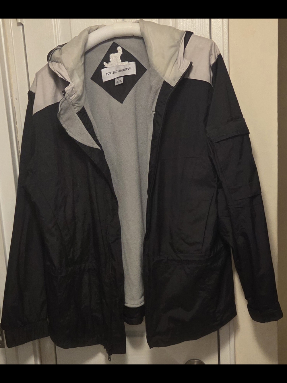 Port Authority Black and Gray Hooded Rain Jacket